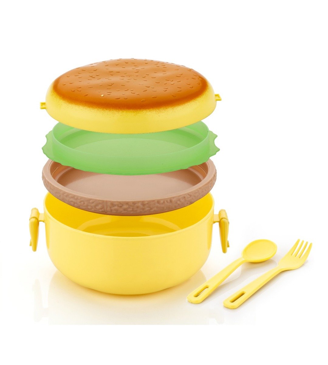 Kids' Burger-Shaped Lunch Box with Compartments and Cutlery Set