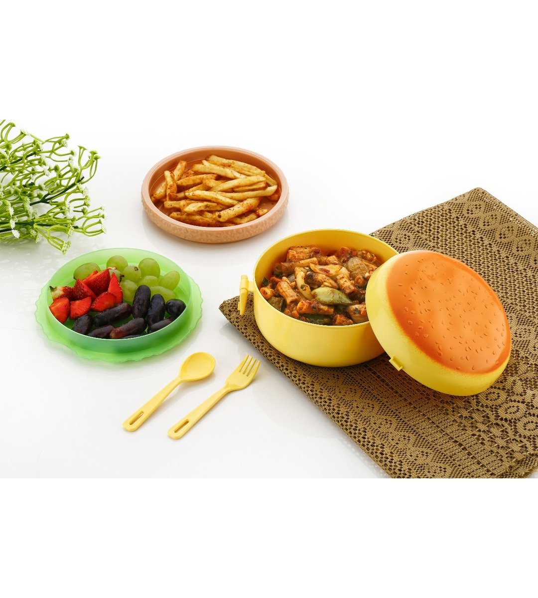Kids' Burger-Shaped Lunch Box with Compartments and Cutlery Set